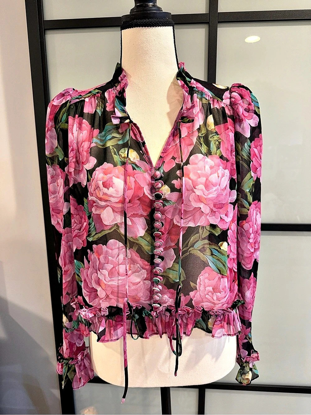 The Kooples Floral Peony Silk Chiffon Blouse in Pink & Black S